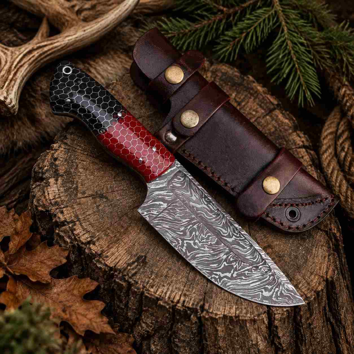 Hand Forged Damascus Hunting Knife – Handmade Fixed Blade Knife With Leather Sheath