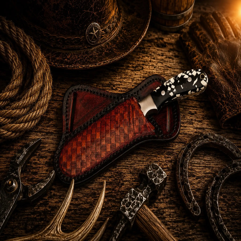 The Working Cowboy Field Knife – Handmade Damascus Steel Belt Knife with Resin Handle