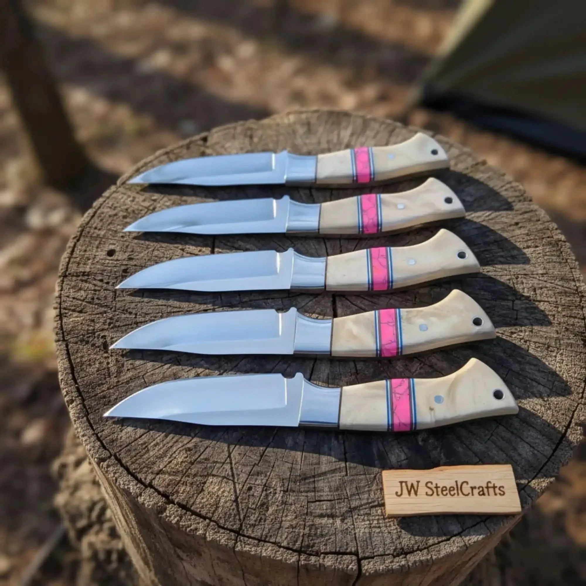 5-Piece Resin Hunting Knife Set with Cream Resin & Pink Turquoise Handles