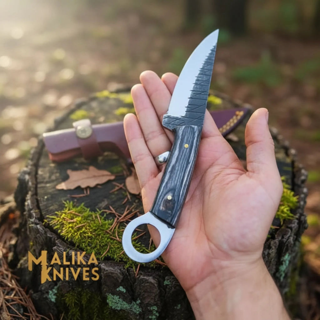 MALIKA KNIVES RingTail D2 hunting knife with Pakka wood handle, featuring a sharp blade and ergonomic grip for outdoor use