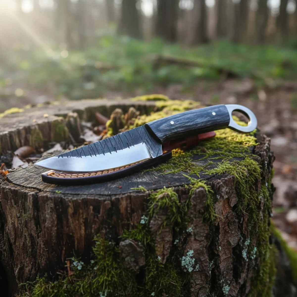 MALIKA KNIVES RingTail D2 hunting knife with Pakka wood handle, featuring a simple design and sharp blade for outdoor use.