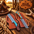 Rio Grande Bull Cutter Knife Set – 4” acid wash blade with Turquoise Inlay Wood Handles