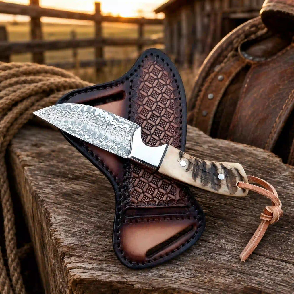 Buckaroo Knife | Damascus Steel with Ram Horn Handle