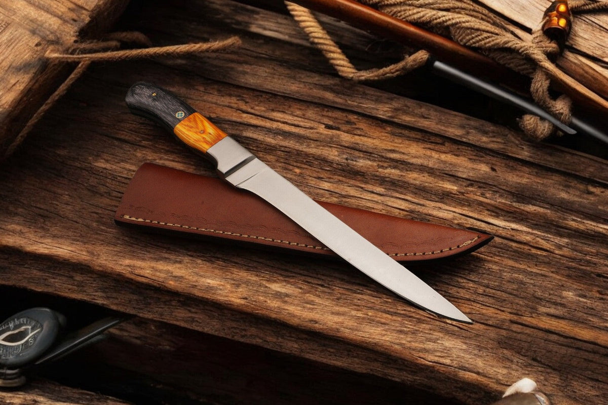 Custom handmade 12.5-inch stainless steel fillet knife from Damascus Knife Store, showing its sharp blade and ergonomic handle.