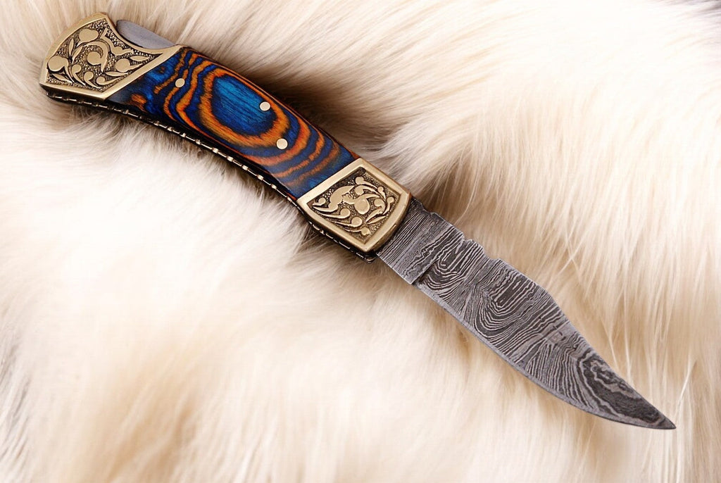 Handmade Damascus Folding Knife – Exotic Wood Handle