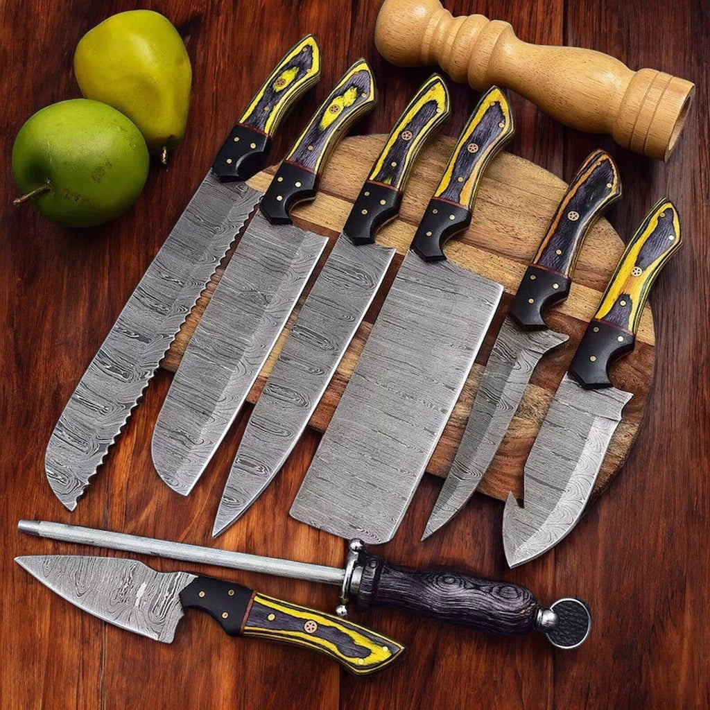 Handmade Damascus kitchen knives set with exotic wood and horn handles, featuring sharp blades and elegant craftsmanship.