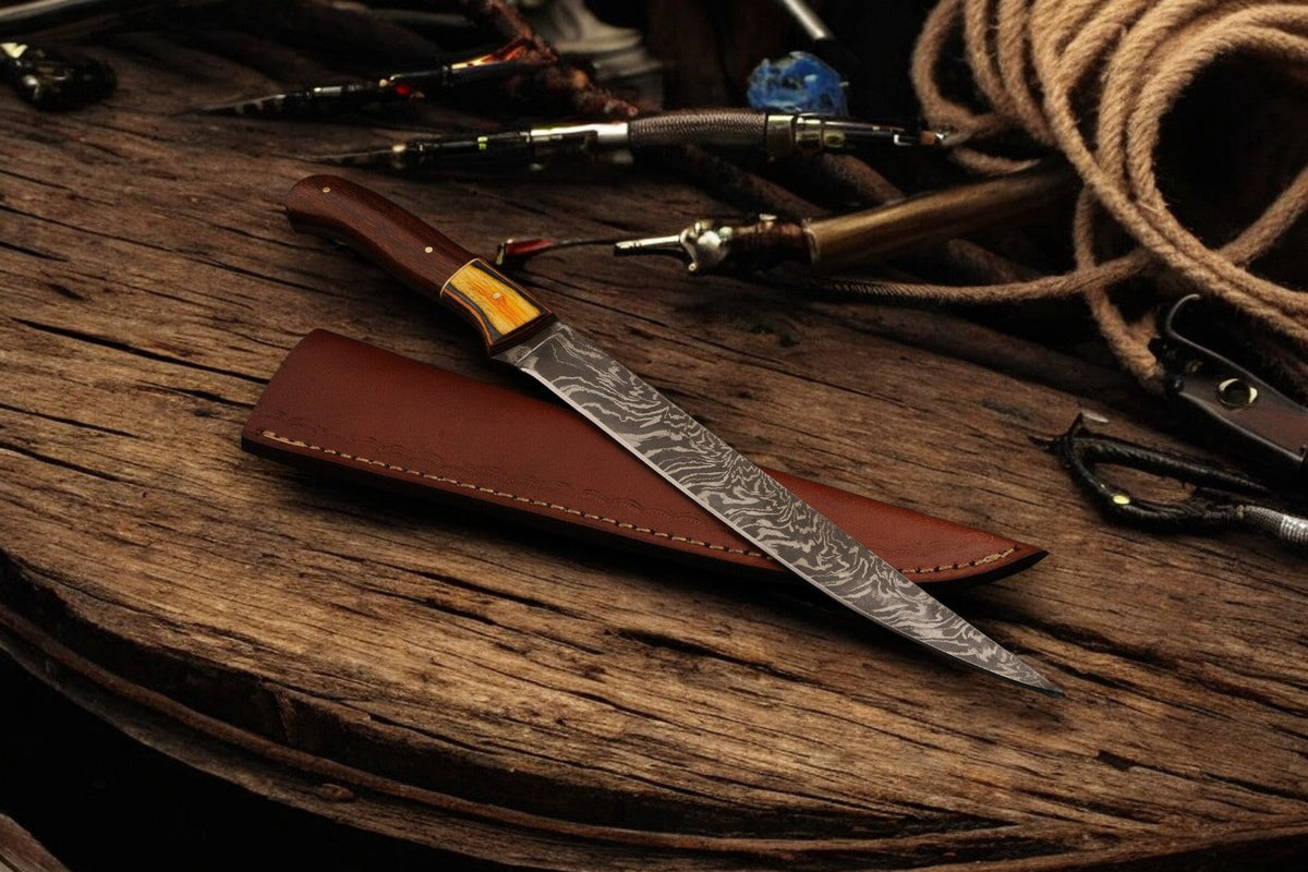 Damascus Knife Store premium 12.5-inch handmade Damascus fillet knife with a polished blade and ergonomic handle.