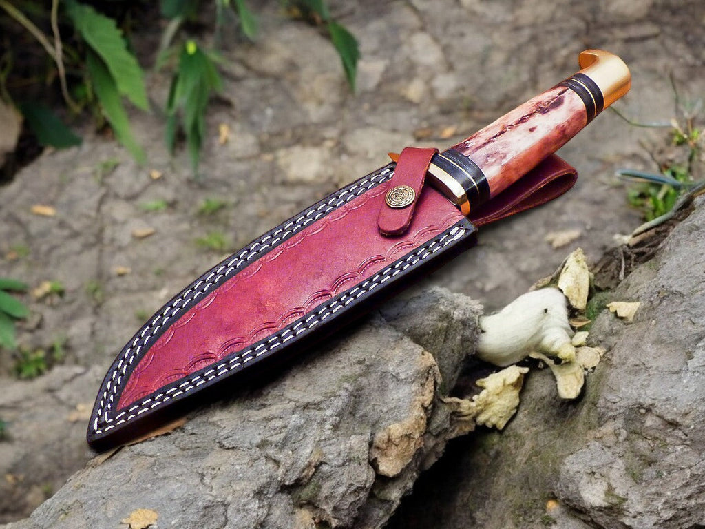 Handmade Damascus Hunting Knife – 12" with Bone Handle