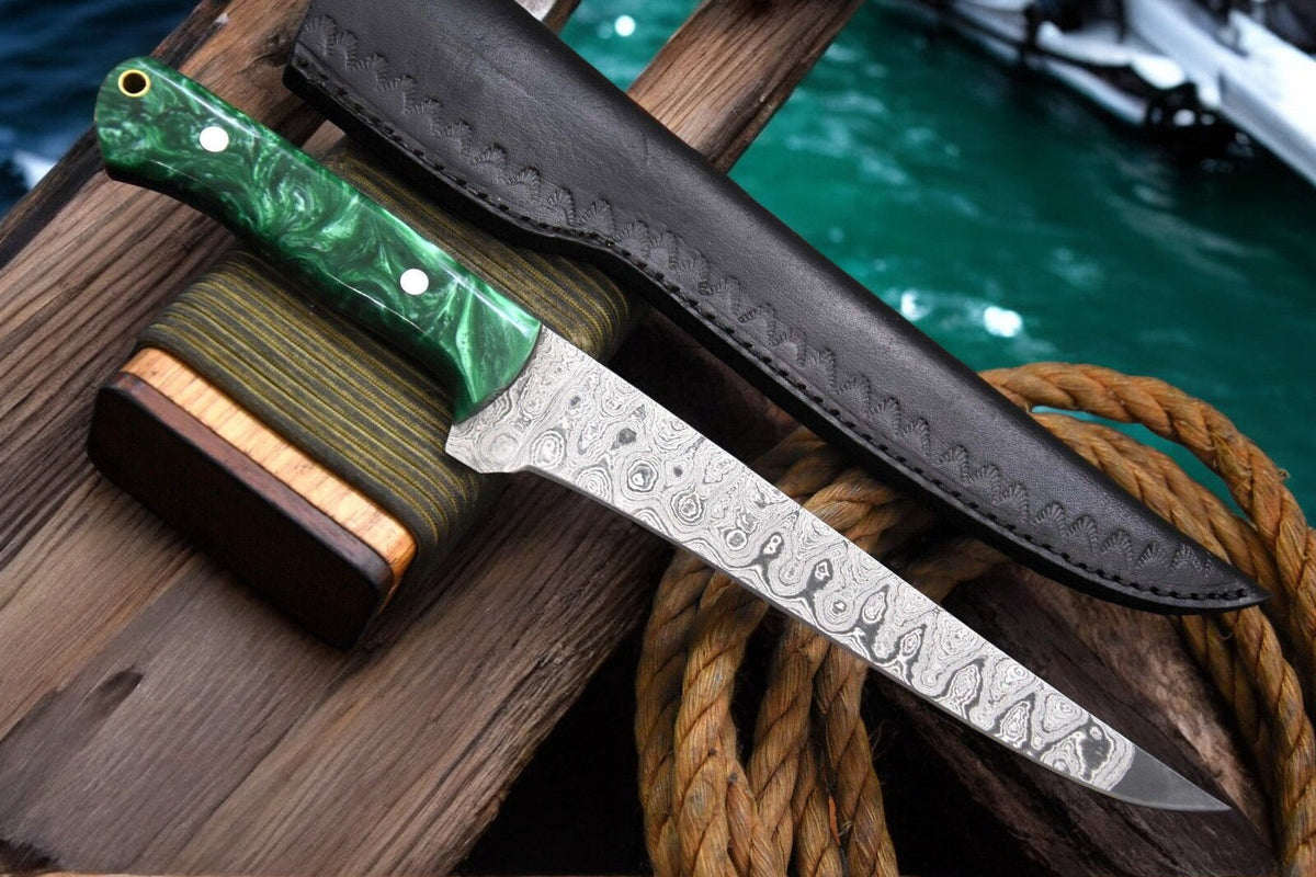 Damascus Knife Store premium 12.8-inch handmade Damascus fillet knife with a polished blade and ergonomic handle for precise filleting.
