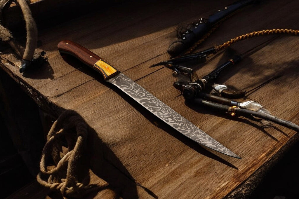 12.5-inch handmade Damascus fillet knife with a sleek blade and ergonomic handle, designed for precise fish filleting.