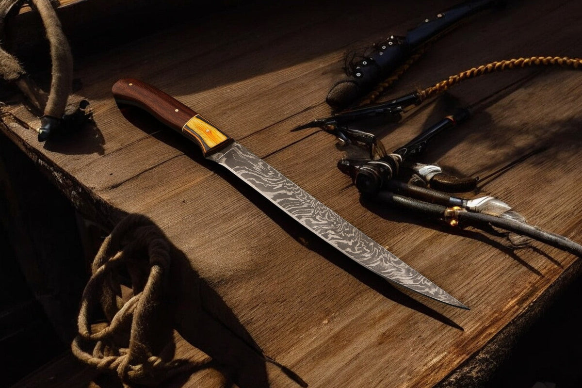 12.5-inch handmade Damascus fillet knife with a sleek blade and ergonomic handle, designed for precise fish filleting.