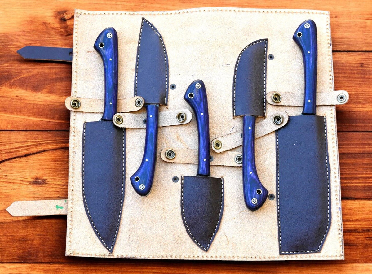 Handmade Damascus kitchen knives set with exotic wood handles, featuring sharp blades and polished wood scales for precision cooking.