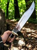 Custom handmade Bowie knife with a 17-inch blade and buffalo horn handle, featuring intricate Damascus steel craftsmanship.