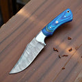 Handmade Damascus hunting knife with an exotic wood handle, featuring a patterned steel blade and polished wood details.