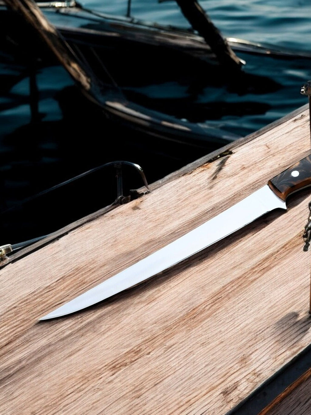 Premium handmade fillet knife with a 9-inch 440C stainless steel blade and wooden handle, perfect for fish filleting.