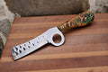 Custom handmade bull cutter knife with resin handle, featuring a Damascus Knife Store logo on the blade, detailed craftsmanship.