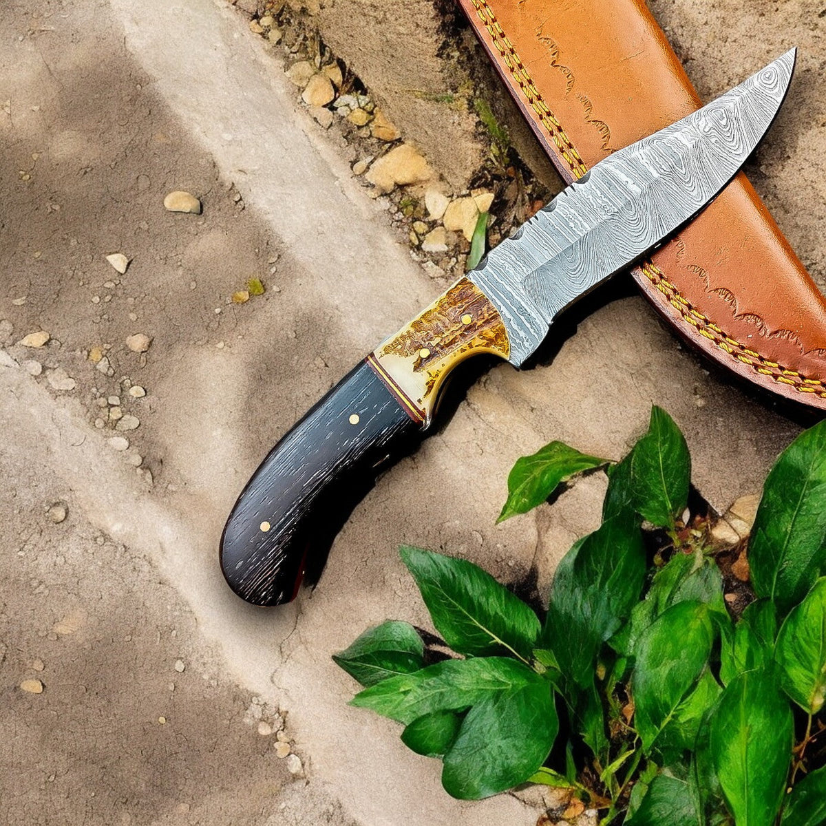 Handmade Damascus hunting knife with a wenge and antler handle, featuring a sharp blade and detailed craftsmanship.