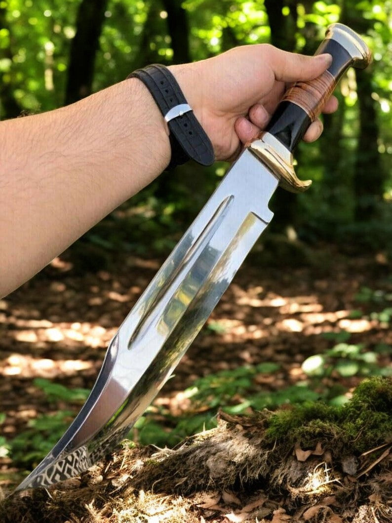 Custom handmade Bowie knife with a 17-inch blade and buffalo horn handle, featuring detailed craftsmanship from Damascus Knife Store.