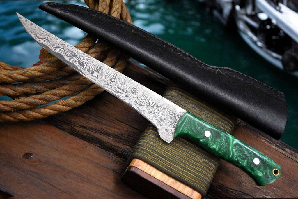 Handmade Damascus fillet knife with a 12.8-inch blade, featuring a Damascus Knife Store logo engraved on the handle.