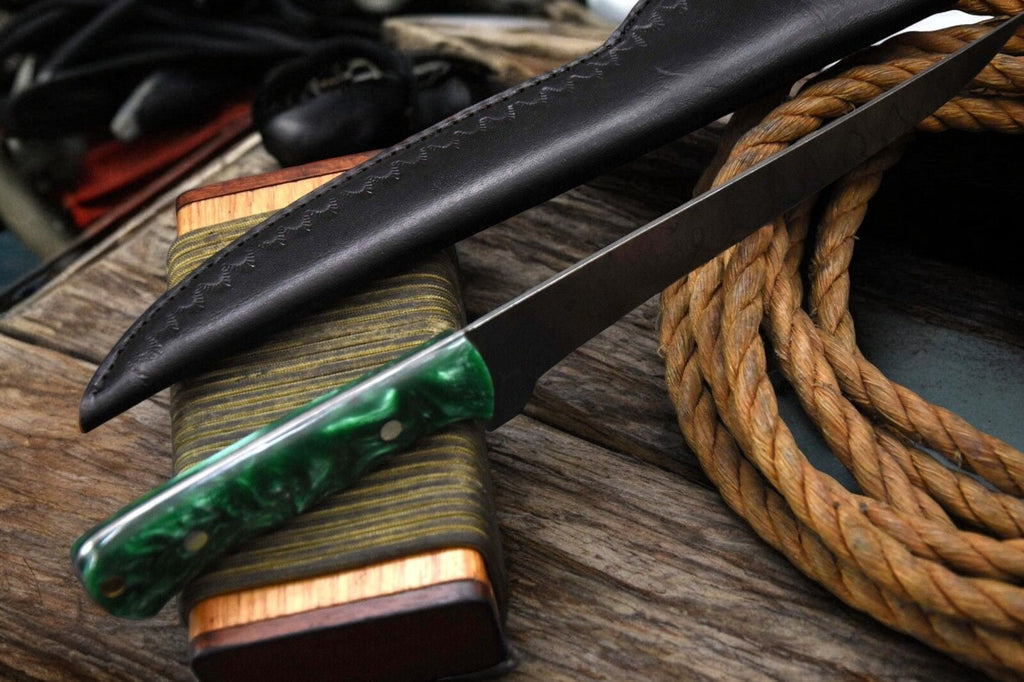 Damascus Knife Store premium 12.8-inch handmade Damascus fillet knife with a sharp, polished blade and comfortable handle.