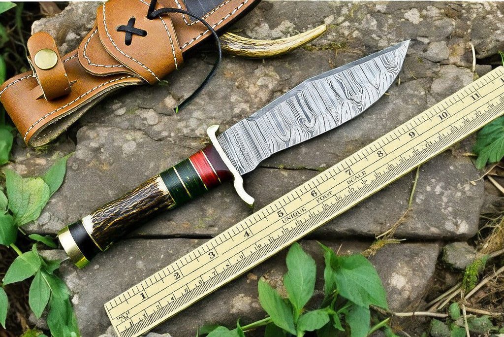 Handmade Damascus Hunting Knife – Antler & Wood Handle