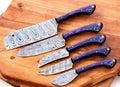 Handmade Damascus kitchen knives set with exotic wood handles, showcasing polished blades and ergonomic designs.