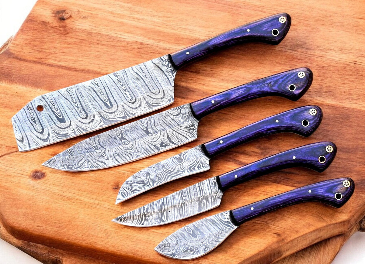 Handmade Damascus kitchen knives set with exotic wood handles, showcasing polished blades and ergonomic designs.