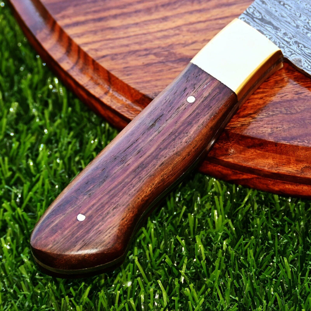 Custom Handmade 13" Damascus Steel Chef Knife with Brass Bolster and Rosewood Handle | Includes Leather Sheath