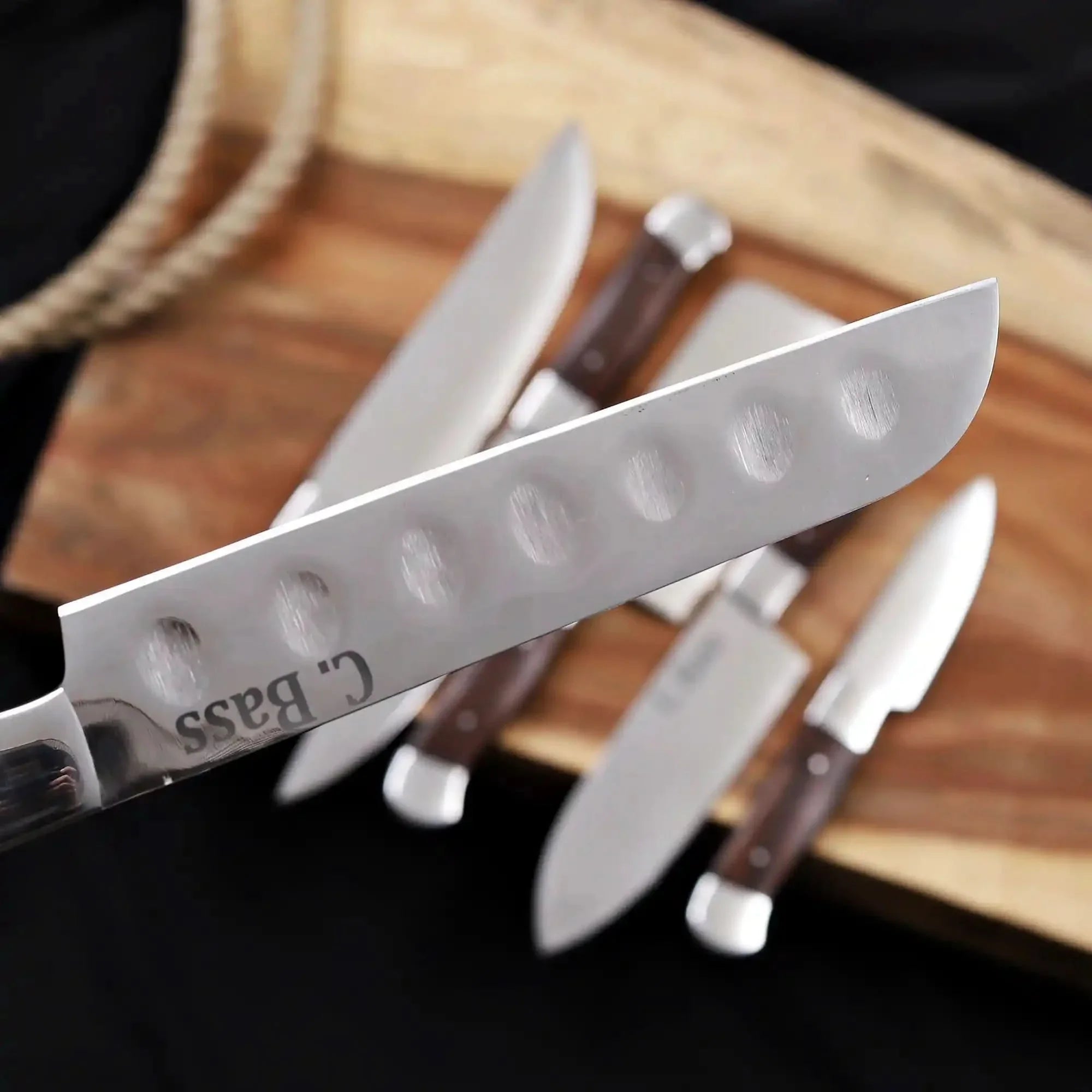 6-Piece High Carbon Steel Kitchen Knife Set with Leather Roll Olive Wood Handles, Steel Bolsters, 7 to 12 Inc