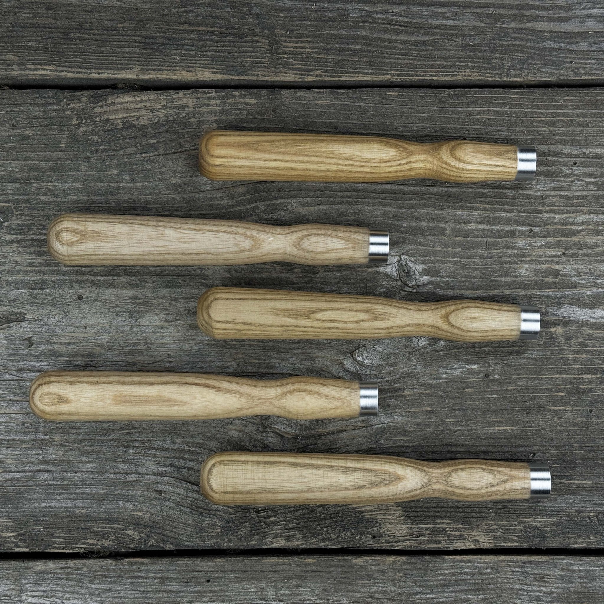 Set of 5 Ash Wood Handles for Chisels and Gouges with Aluminum Rings