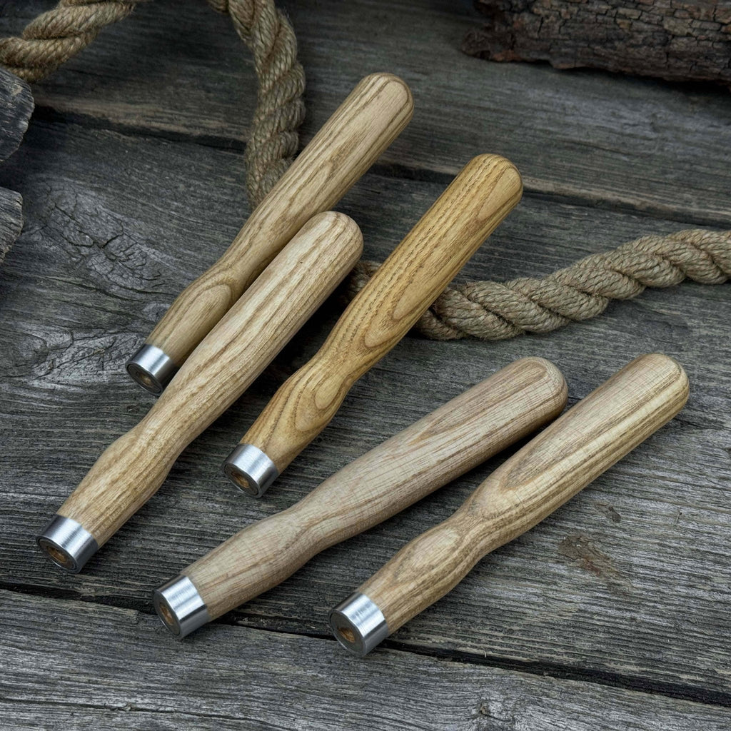 Set of 5 Ash Wood Handles for Chisels and Gouges with Aluminum Rings