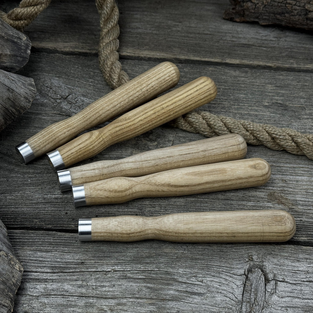 Set of 5 Ash Wood Handles for Chisels and Gouges with Aluminum Rings