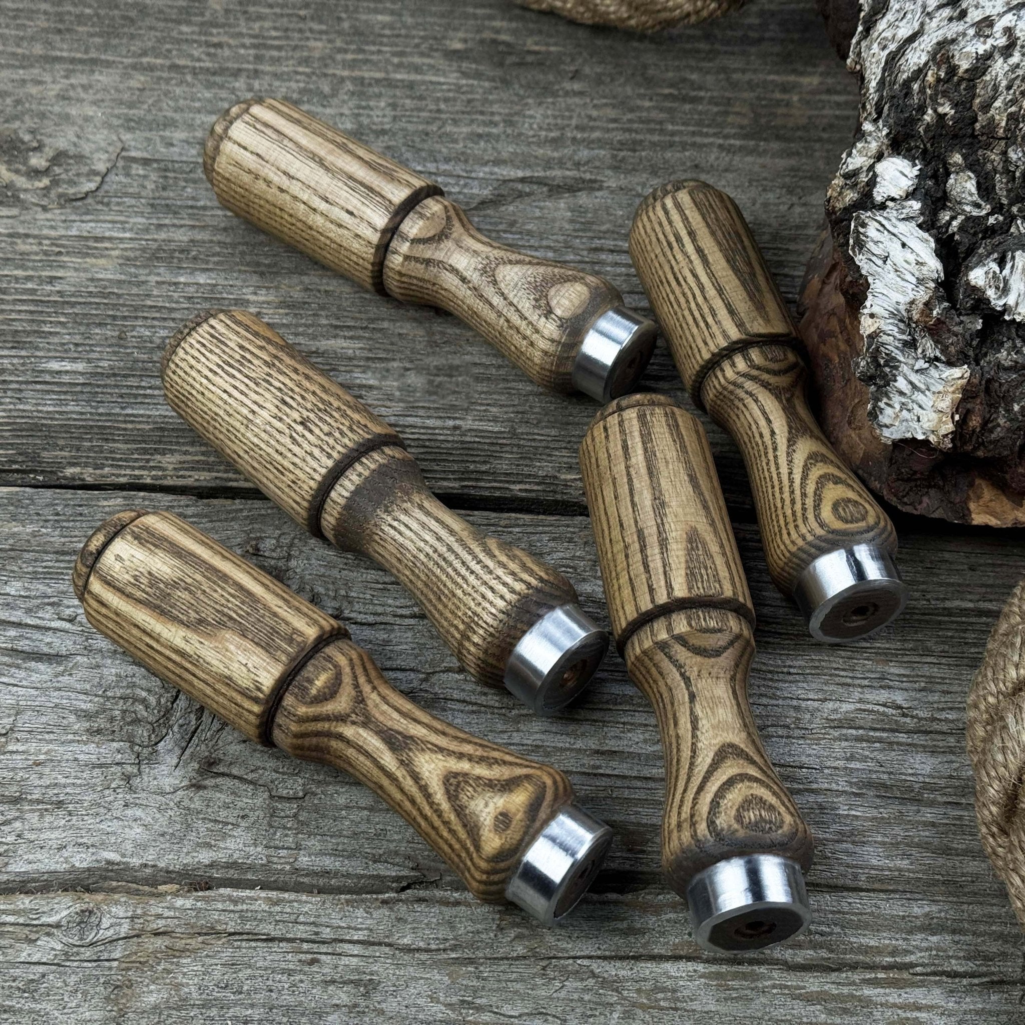 Set of 5 Ash Wood Tool Handles with Aluminum Rings