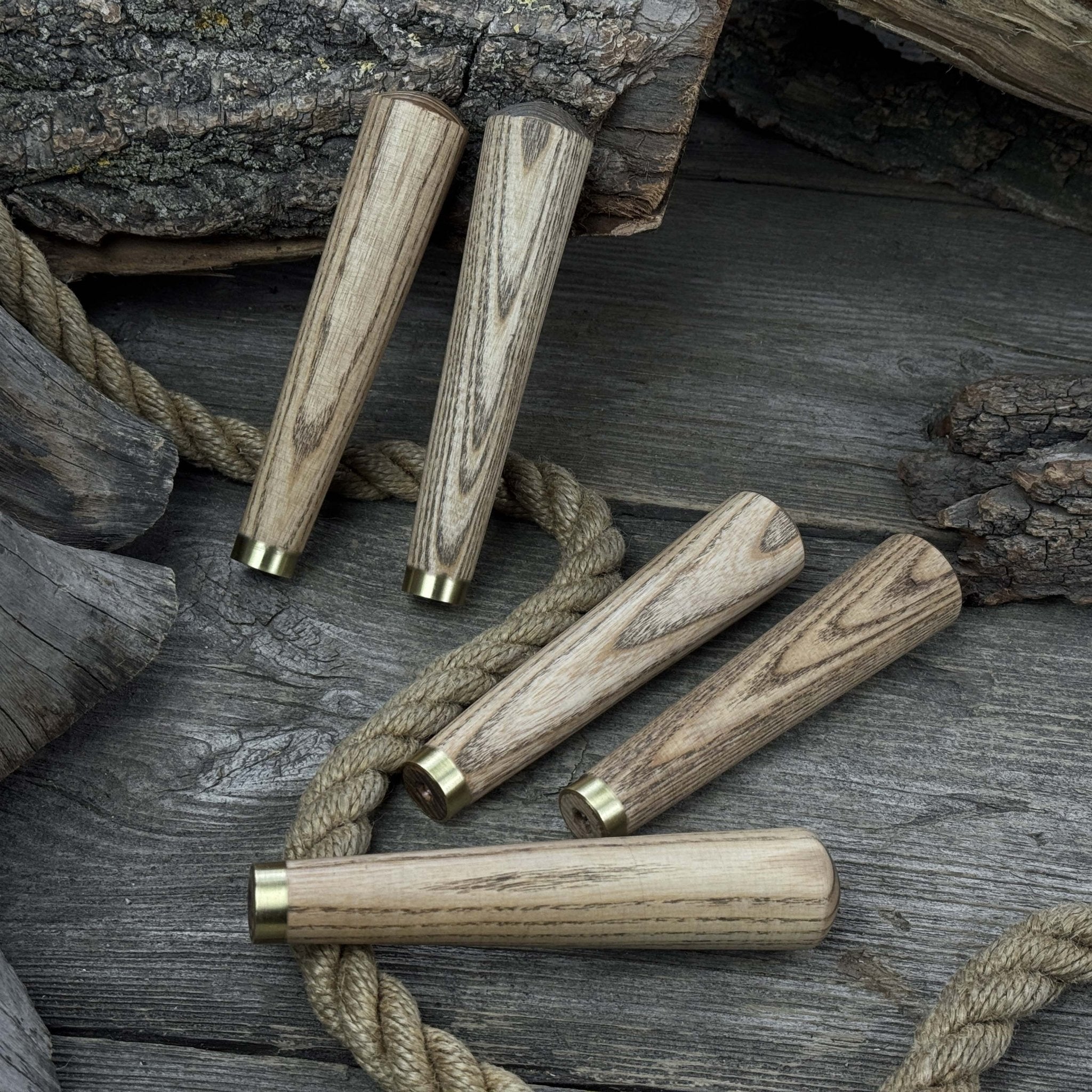 Set of 5 Tapered Ash Wood Handles with Brass Rings