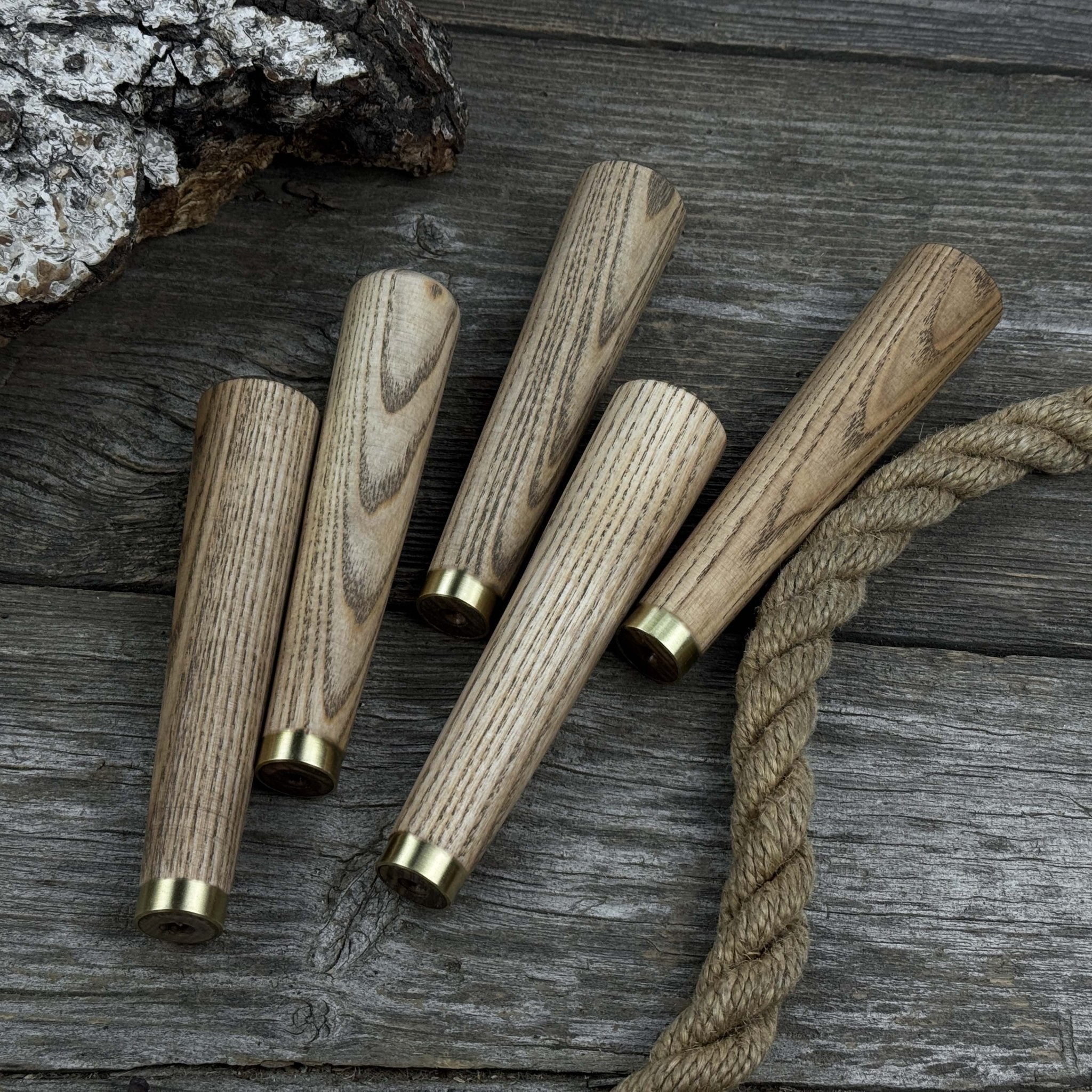 Set of 5 Tapered Ash Wood Handles with Brass Rings