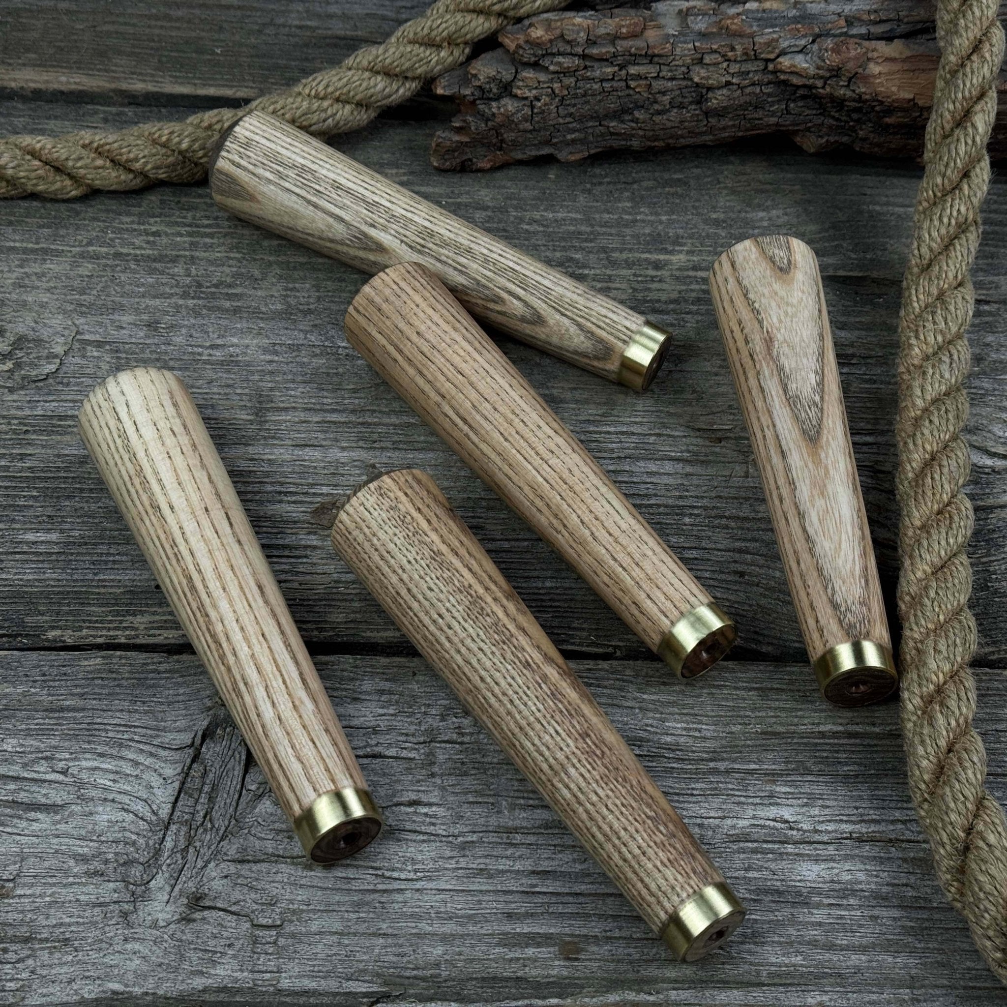 Set of 5 Tapered Ash Wood Handles with Brass Rings