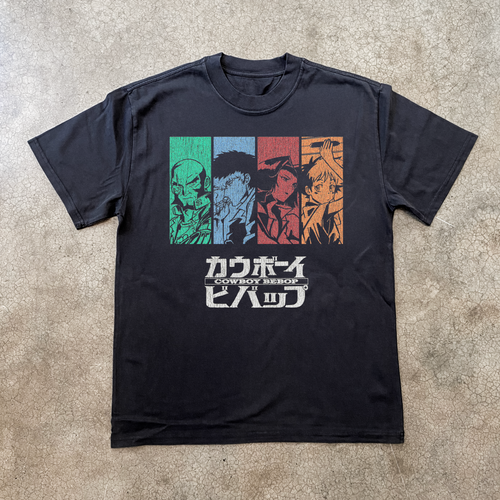 Black Cowboy Bebop T-Shirt by Parallel featuring a bold graphic design of the iconic anime character on soft cotton fabric.