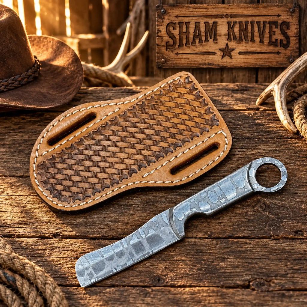 D2 steel engraved ring-tail bull cutter knife with leather sheath - SHAM KNIVES | Relic & Reel