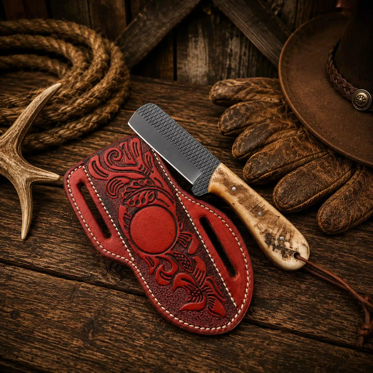 Cowboy Castrator Knife with Sheath, 3.25-inch powder coated rasp steel blade, ram horn handle, by SHAM KNIVES.