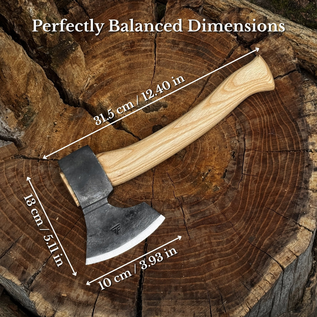 Small Sharky Forged Steel Tools carving axe, 0.65 kg, with a wooden handle, designed for detailed woodworking and carving projects.