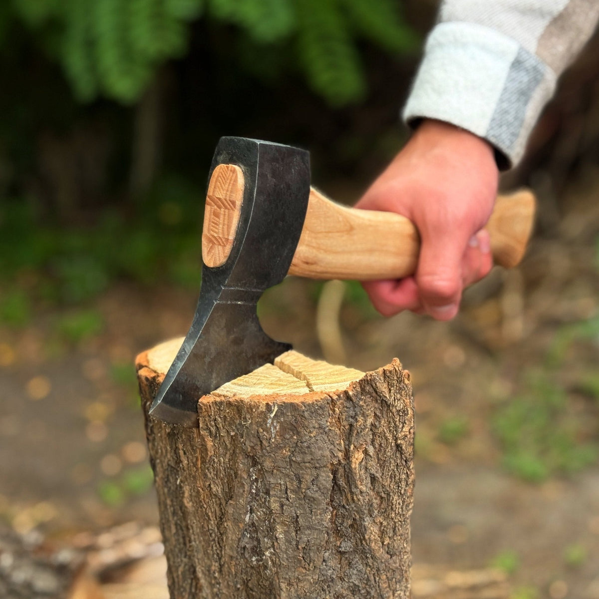 Small Sharky Forged Steel Carving Axe, 0.65 kg, with a wooden handle and sharp blade for detailed wood carving tasks.