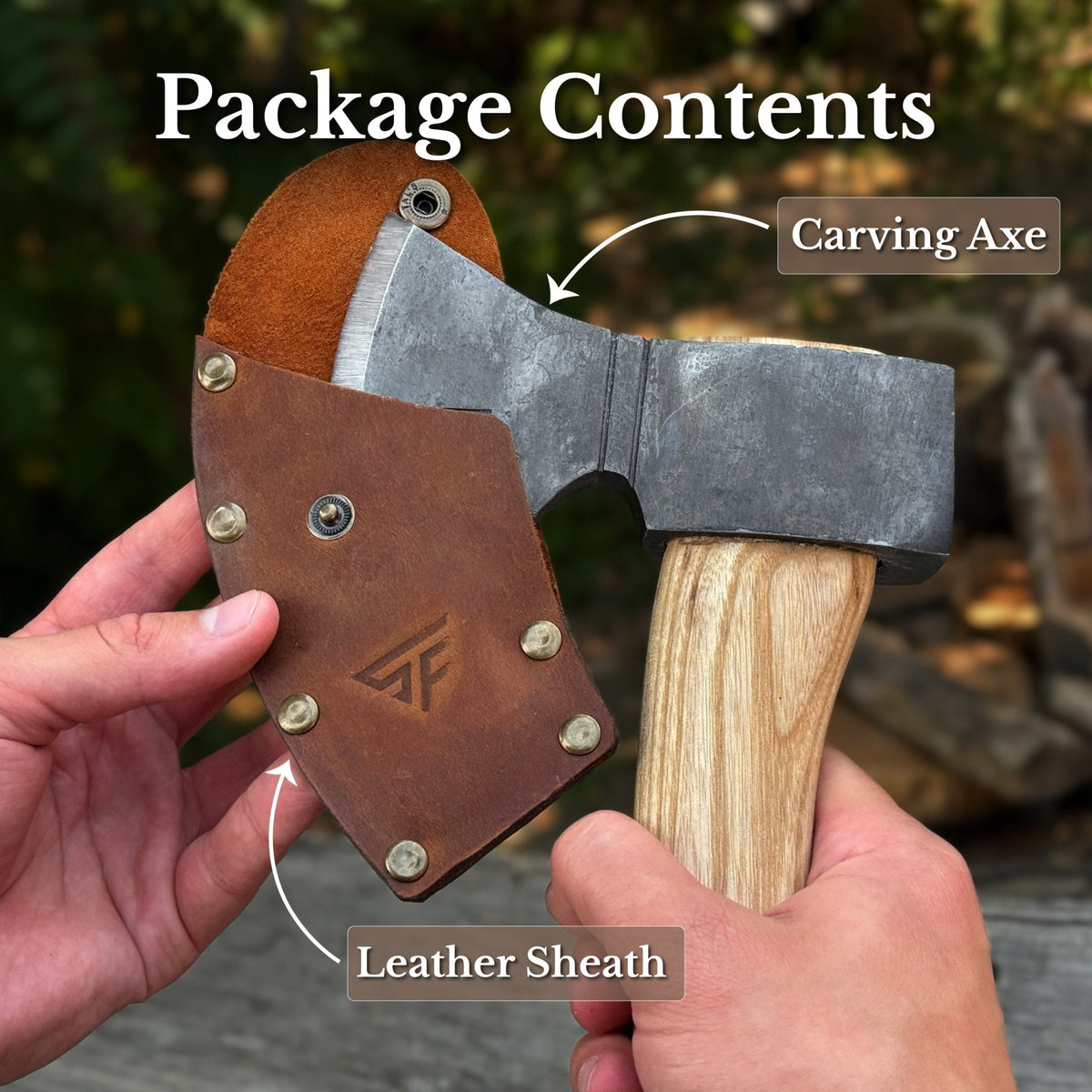 Small Sharky Forged Steel Tools carving axe weighing 0.65 kg with a wooden handle, designed for detailed wood carving.