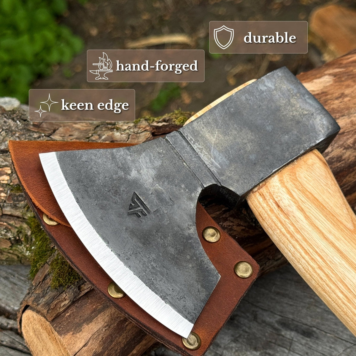 Small Sharky Forged Steel Tools carving axe weighing 0.65 kg with a sturdy handle, ideal for detailed wood carving tasks.