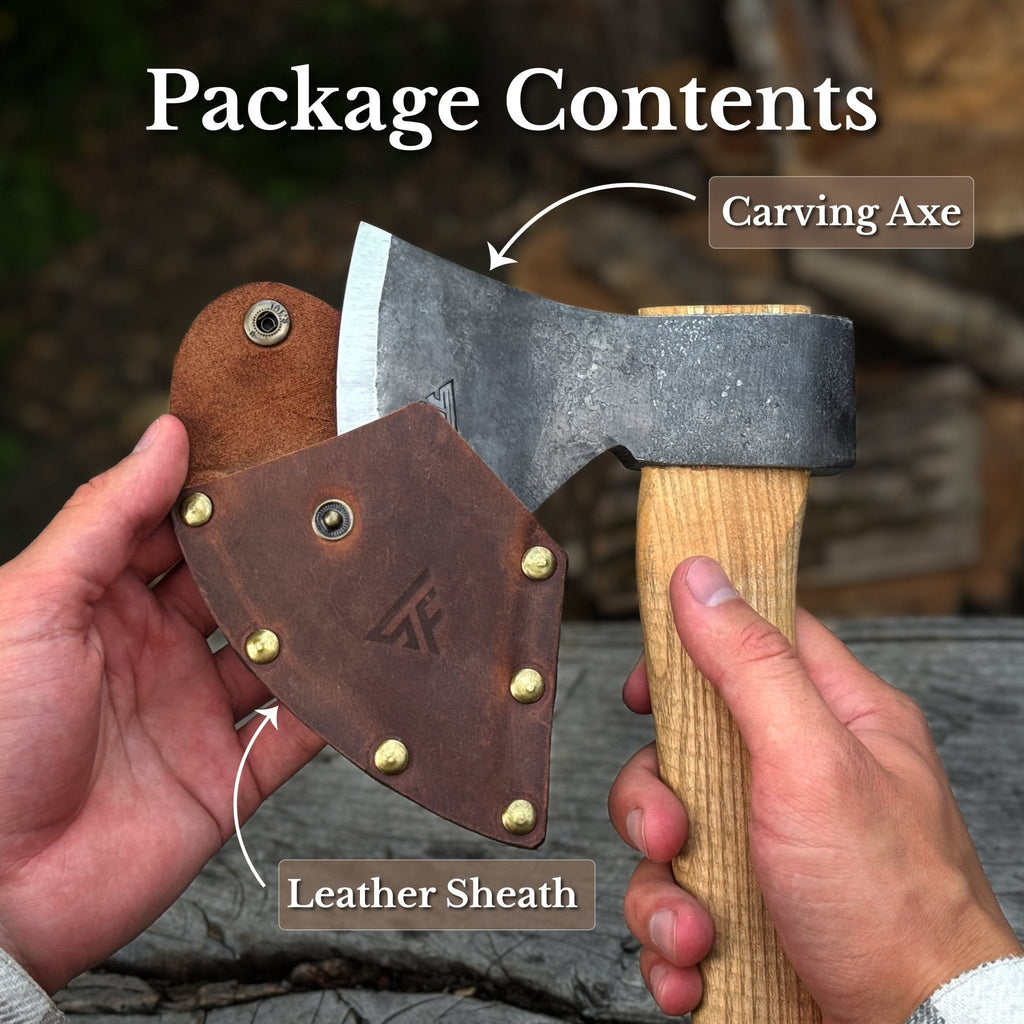 Small carving axe with leather sheath by Sharky Forged Steel Tools - Relic & Reel