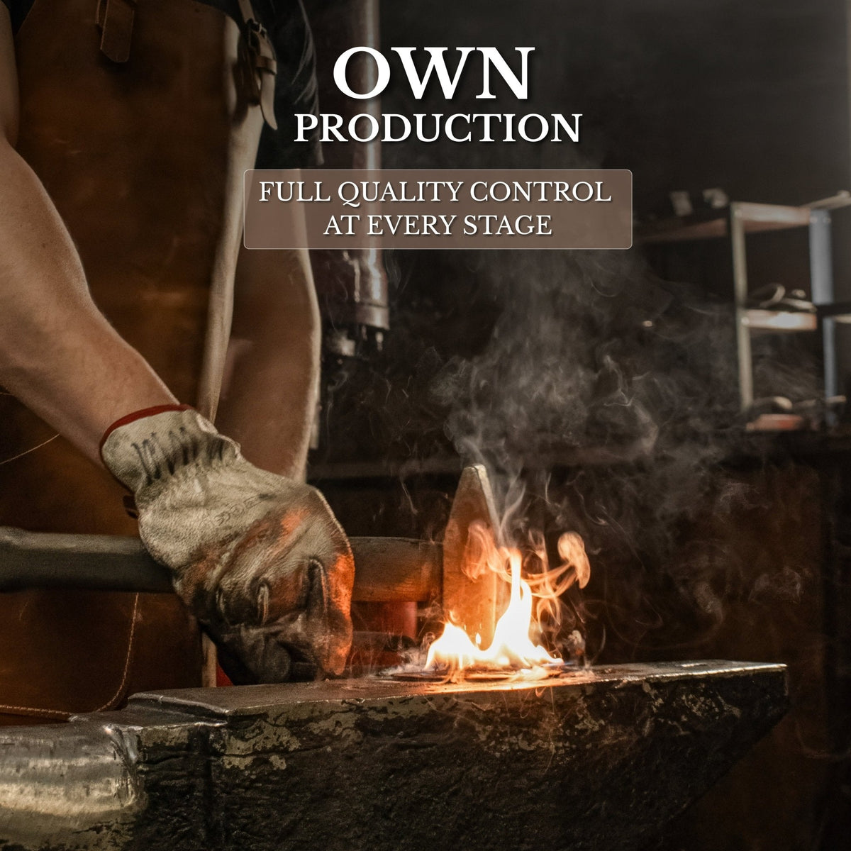 Blacksmith forging steel on an anvil with sparks and smoke - Sharky Forged Steel Tools