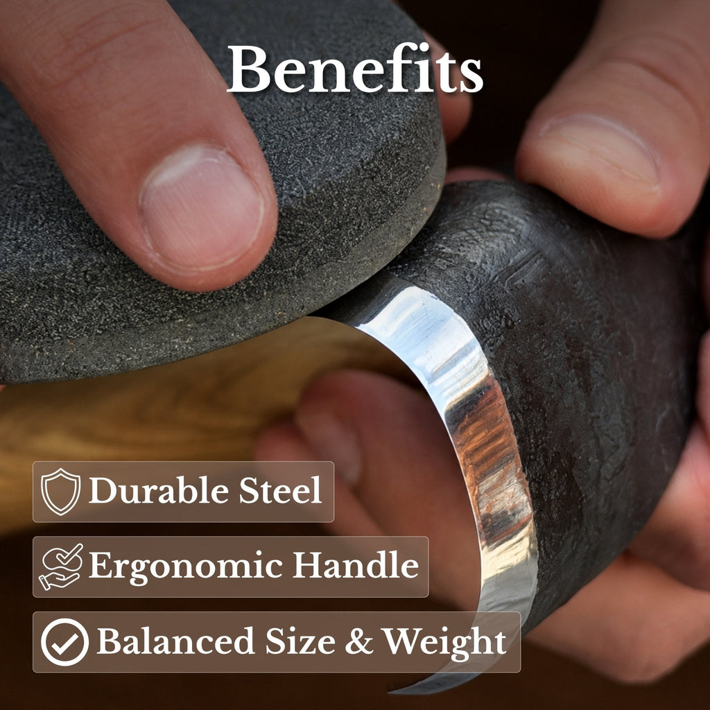Small Kuksa adze with deep curved round blade by Sharky Forged Steel Tools, 4.5 cm, ideal for woodworking and carving.