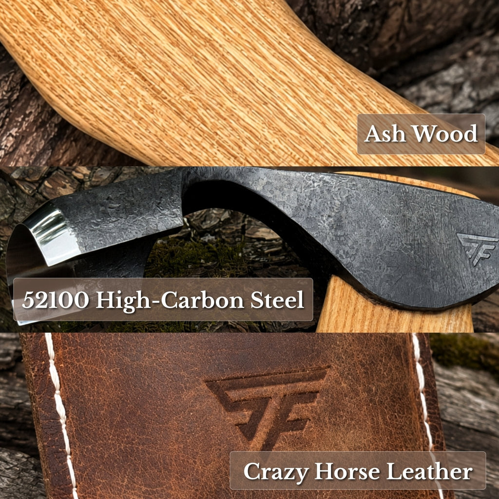 Small Kuksa adze with deep curved round blade by Sharky Forged Steel Tools, 4.5 cm size, shown with wood carving context.