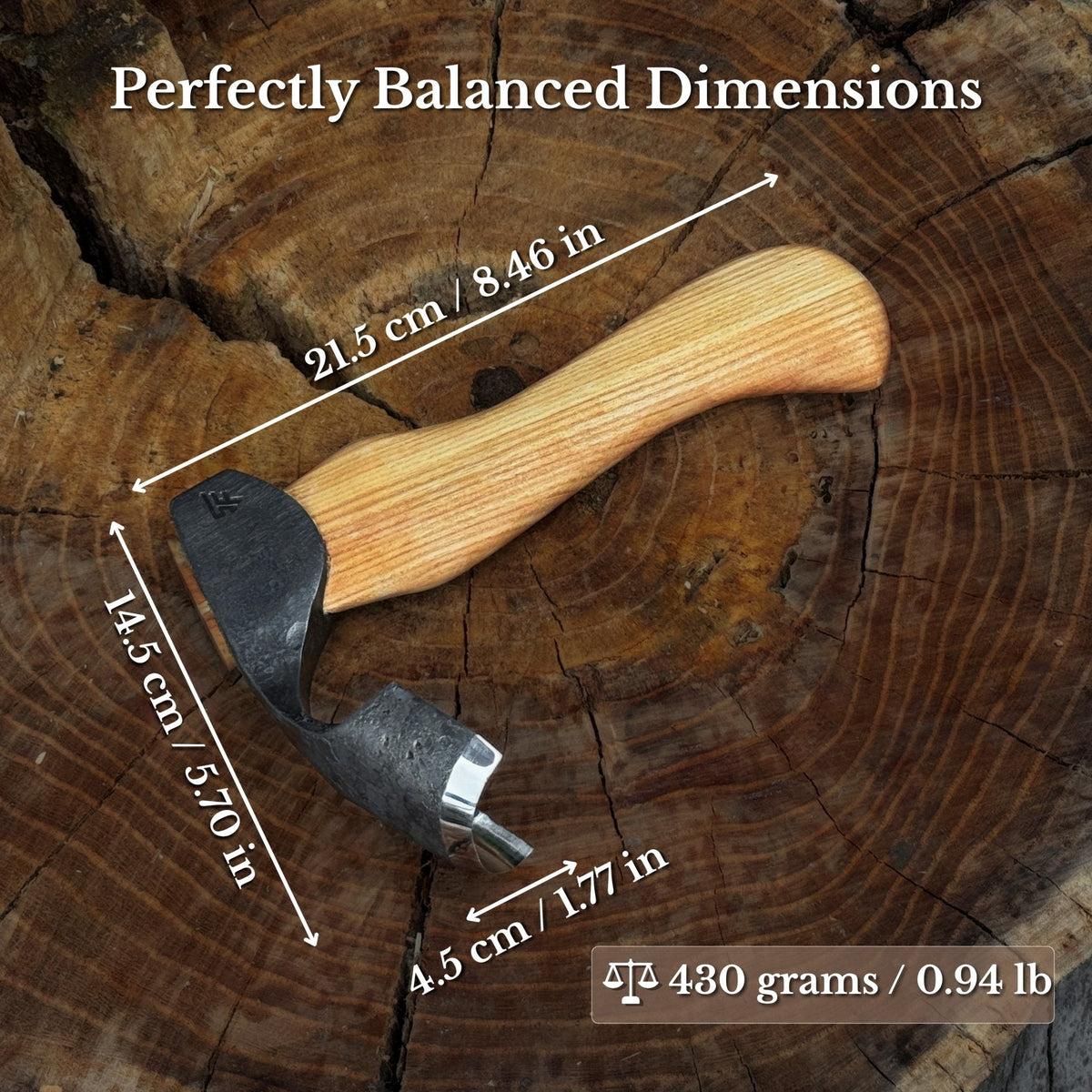Small Kuksa adze with deep curved round blade from Sharky Forged Steel Tools, 4.5 cm, showcasing its sharp, handcrafted edge.