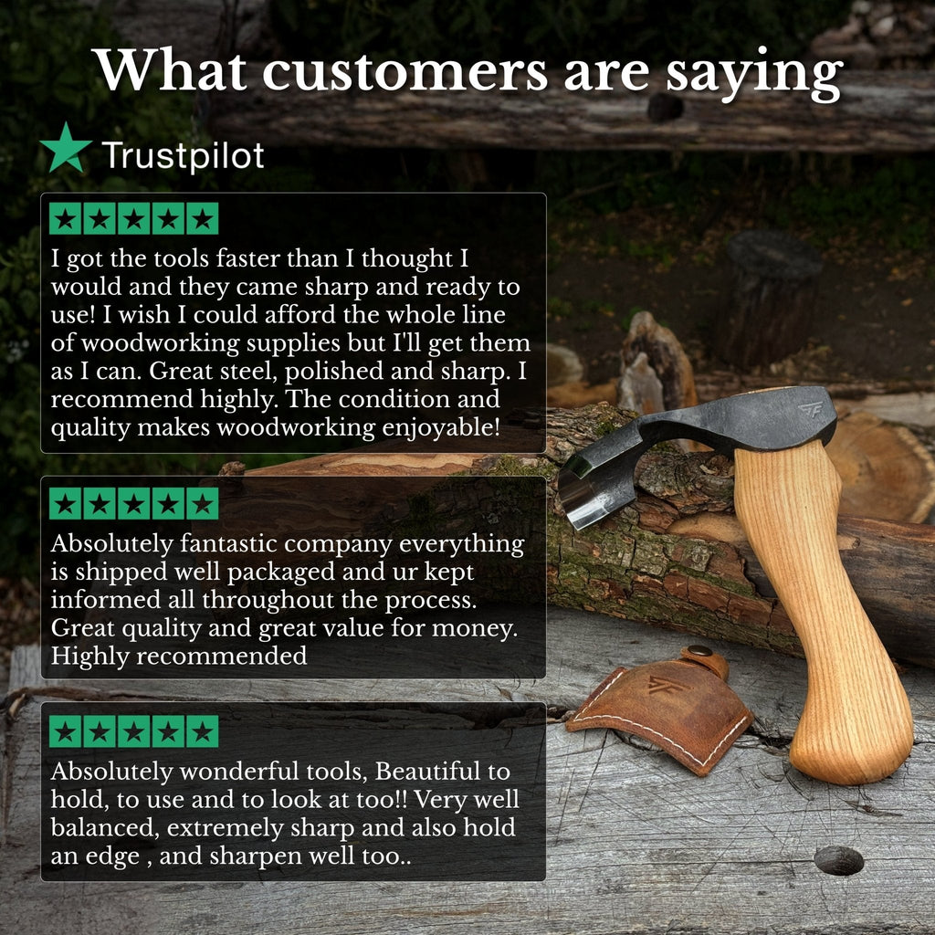 Small Kuksa adze from Sharky Forged Steel Tools with a deep curved round blade for precise woodworking and carving.