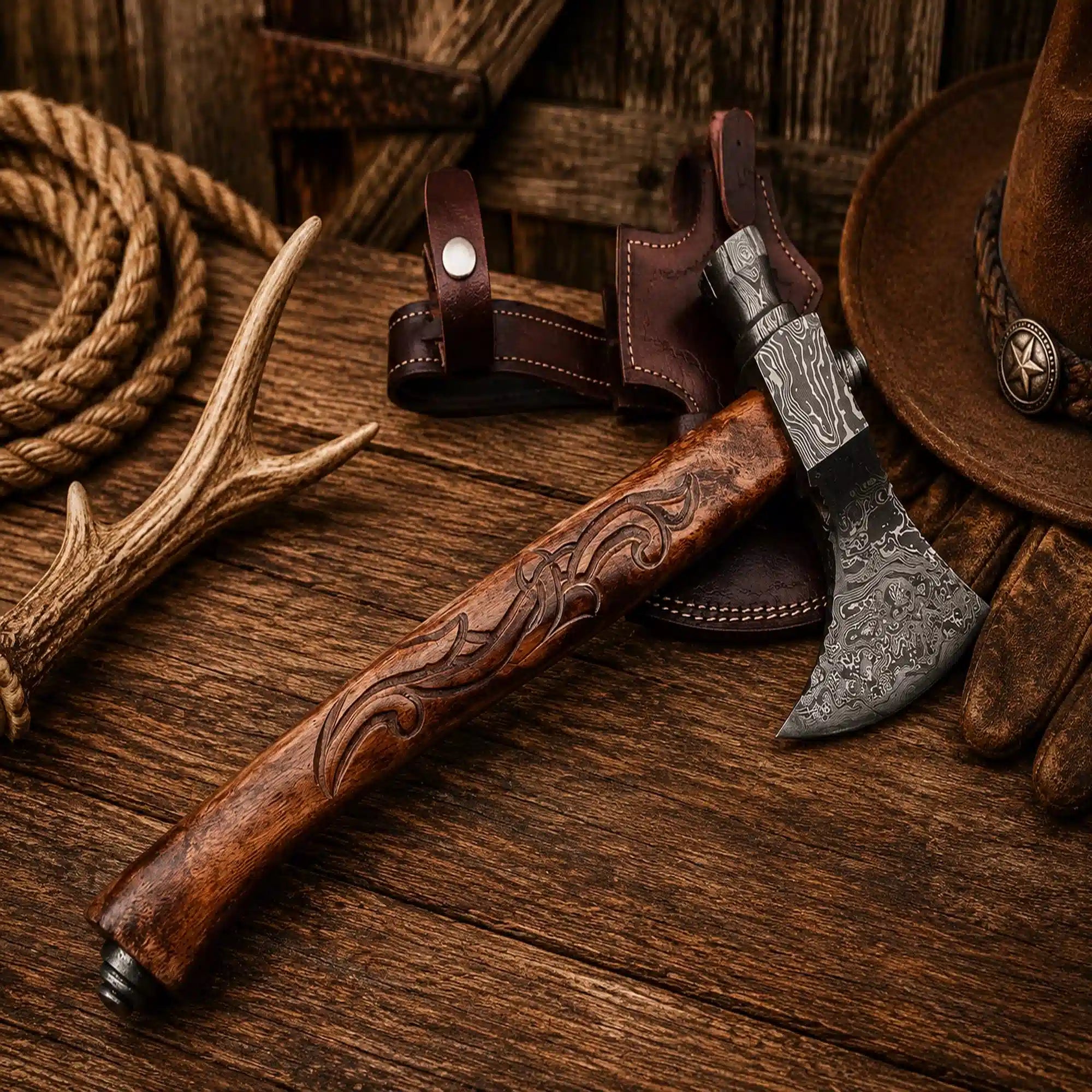 Gift Ready Smoking Pipe Tomahawk Damascus Axe with Carved Rosewood Handle
